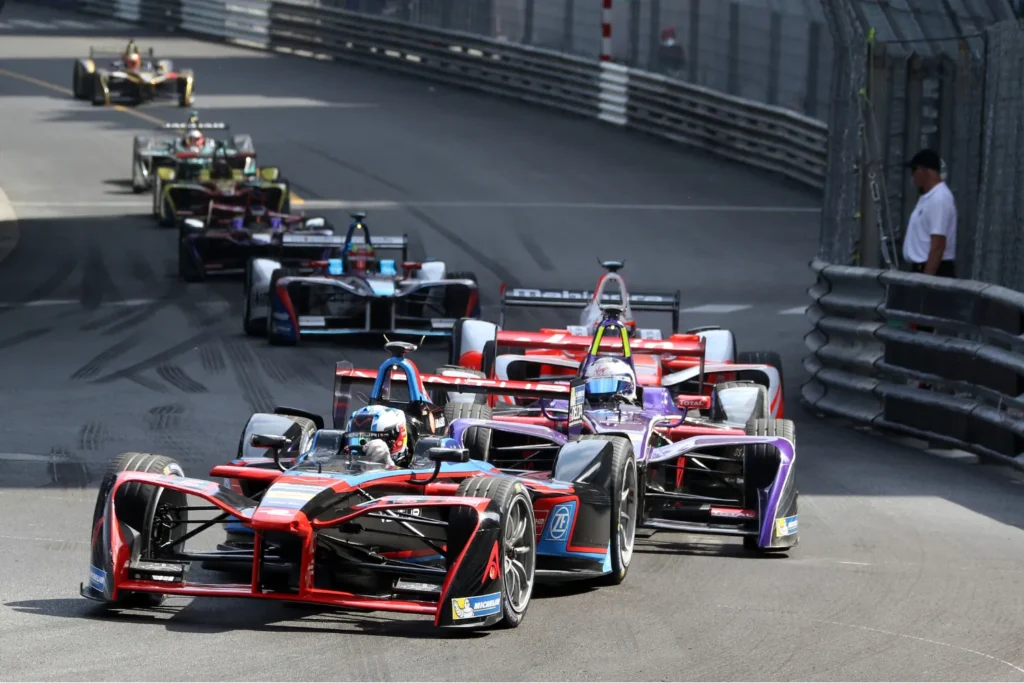 Formula 1 car using DRS (Drag Reduction System) to overtake competitors during a race.