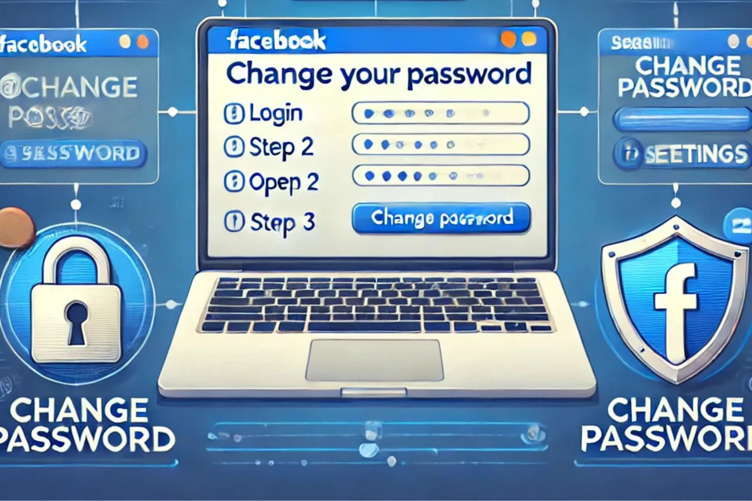 Step-by-step guide to changing your Facebook password, showing the Settings page and the Change Password option.