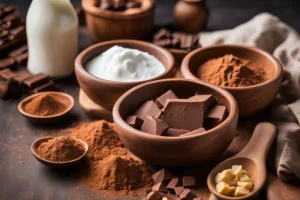 Ingredients for homemade milk chocolate: cocoa butter, cocoa powder, powdered milk, and sweeteners.