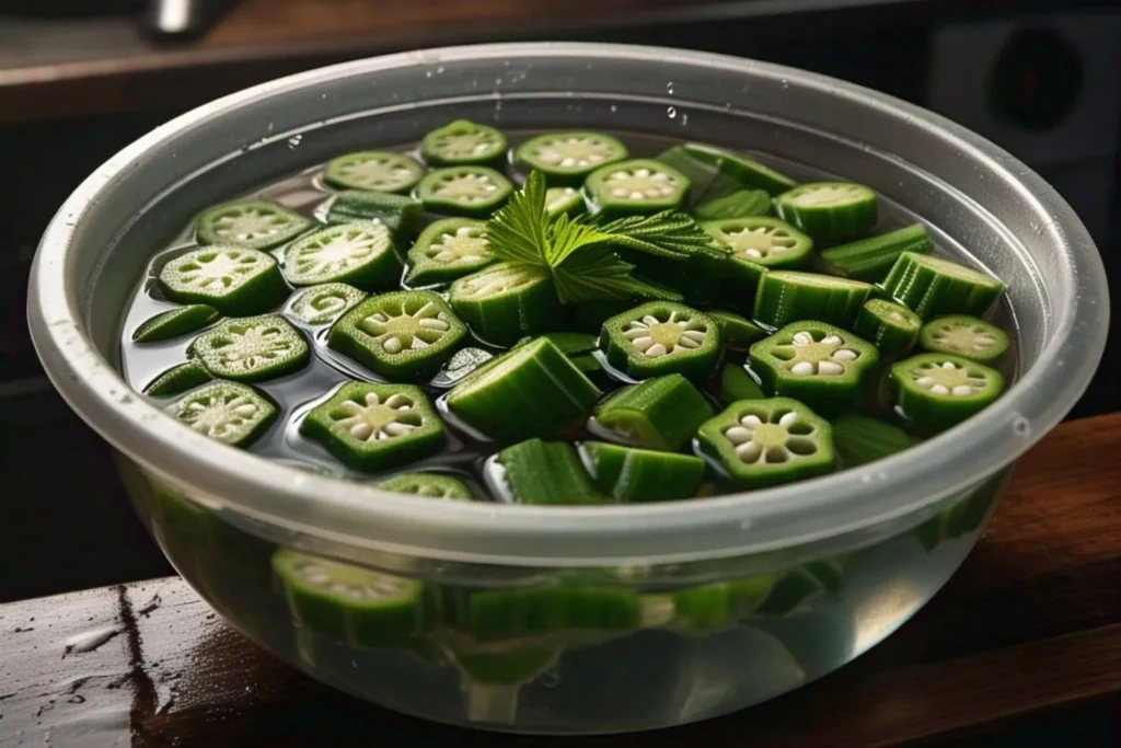 Sliced okra pods soaking in water, ready to infuse overnight.