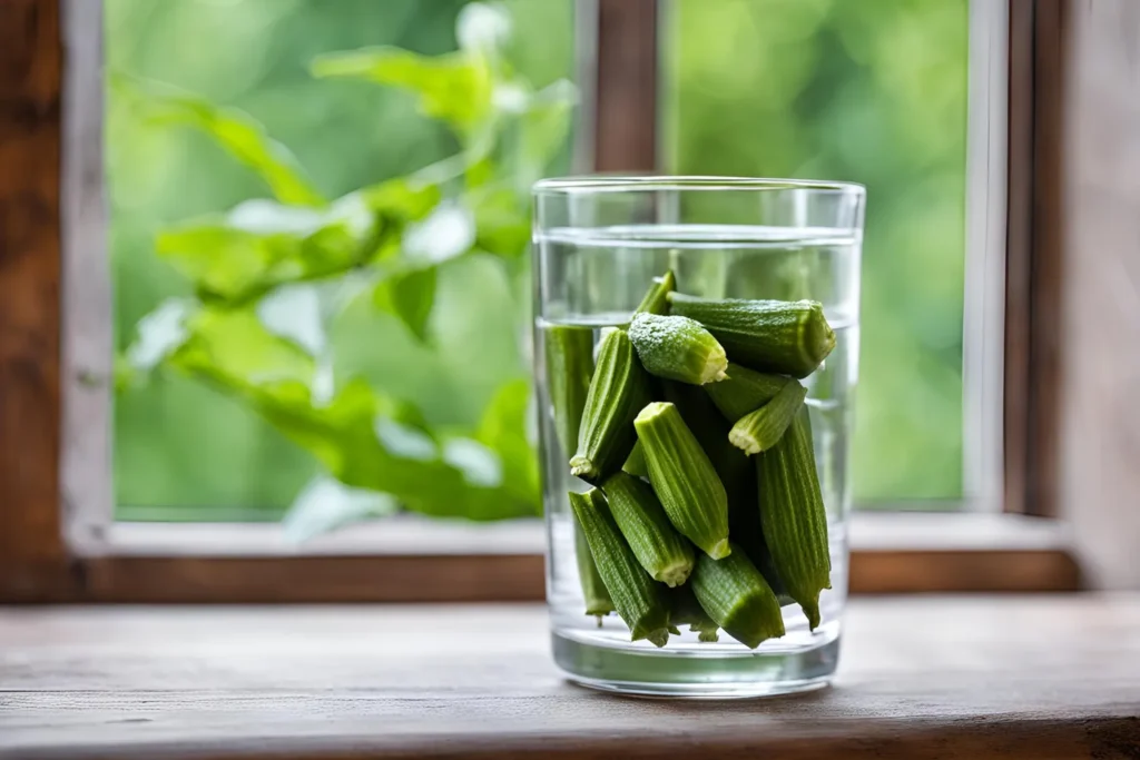 A clear glass of water with sliced okra pods, showcasing how to prepare okra water for daily consumption.