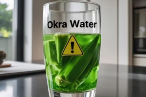 A glass of okra water surrounded by caution icons, representing risks such as kidney stones, blood thinning, digestive issues, and allergies.